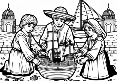 Kinder beim Nachbau eines Miniatur-Schiffsmodells – Malvorlage aus der goldenen Zeit Spaniens