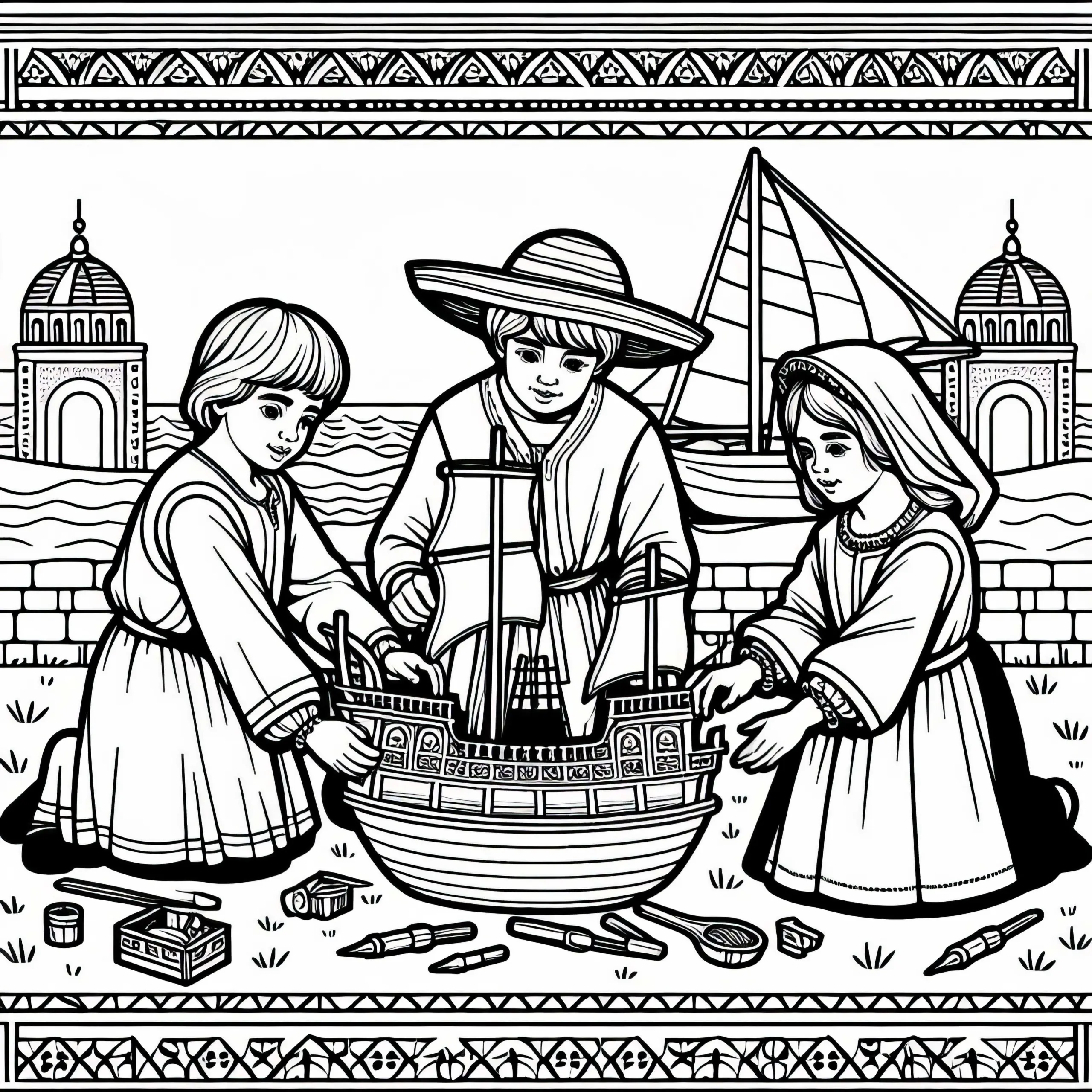 Kinder beim Nachbau eines Miniatur-Schiffsmodells – Malvorlage aus der goldenen Zeit Spaniens (Ausmalbild)