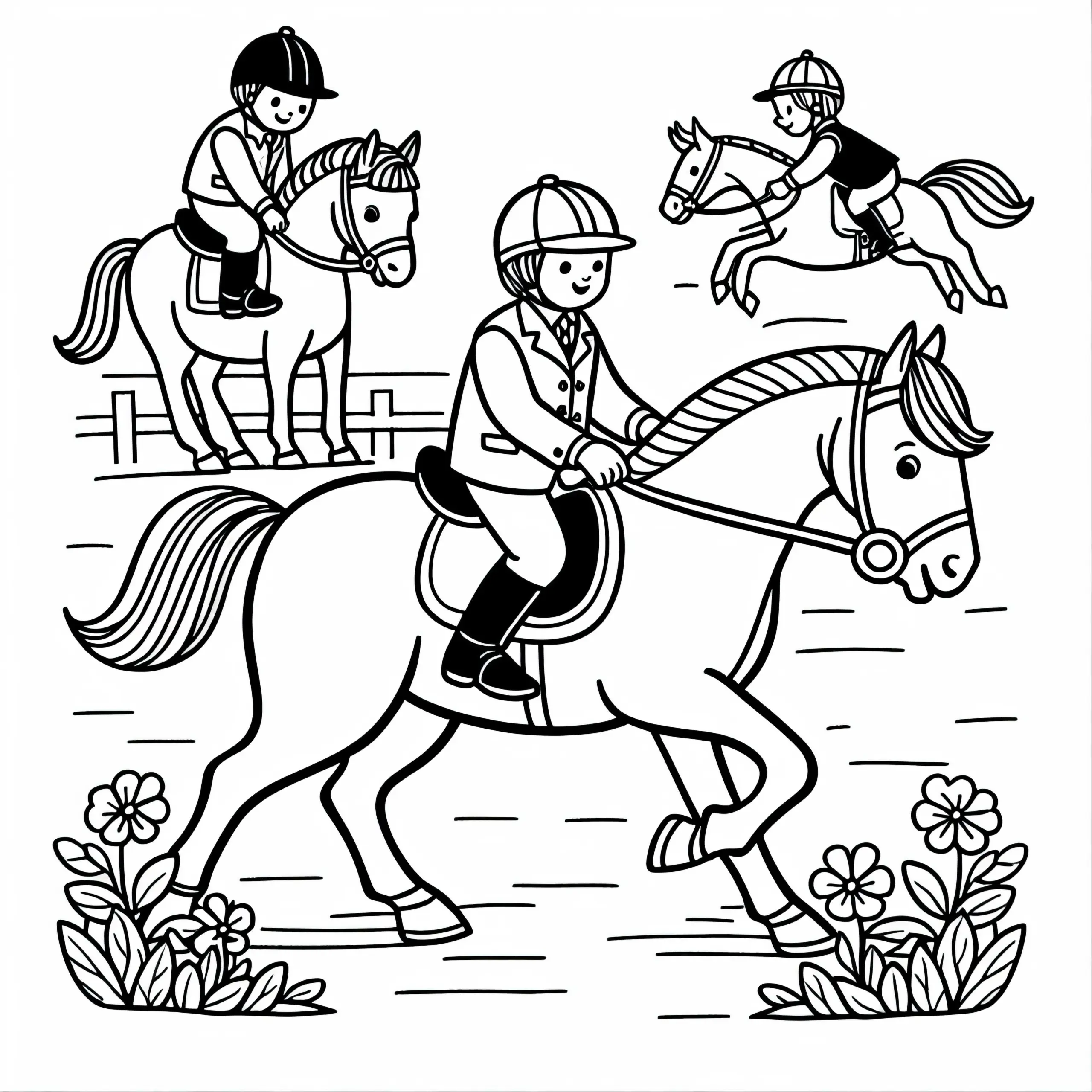 Kinder beim Reiten – Ausmalbild einfach kostenlos