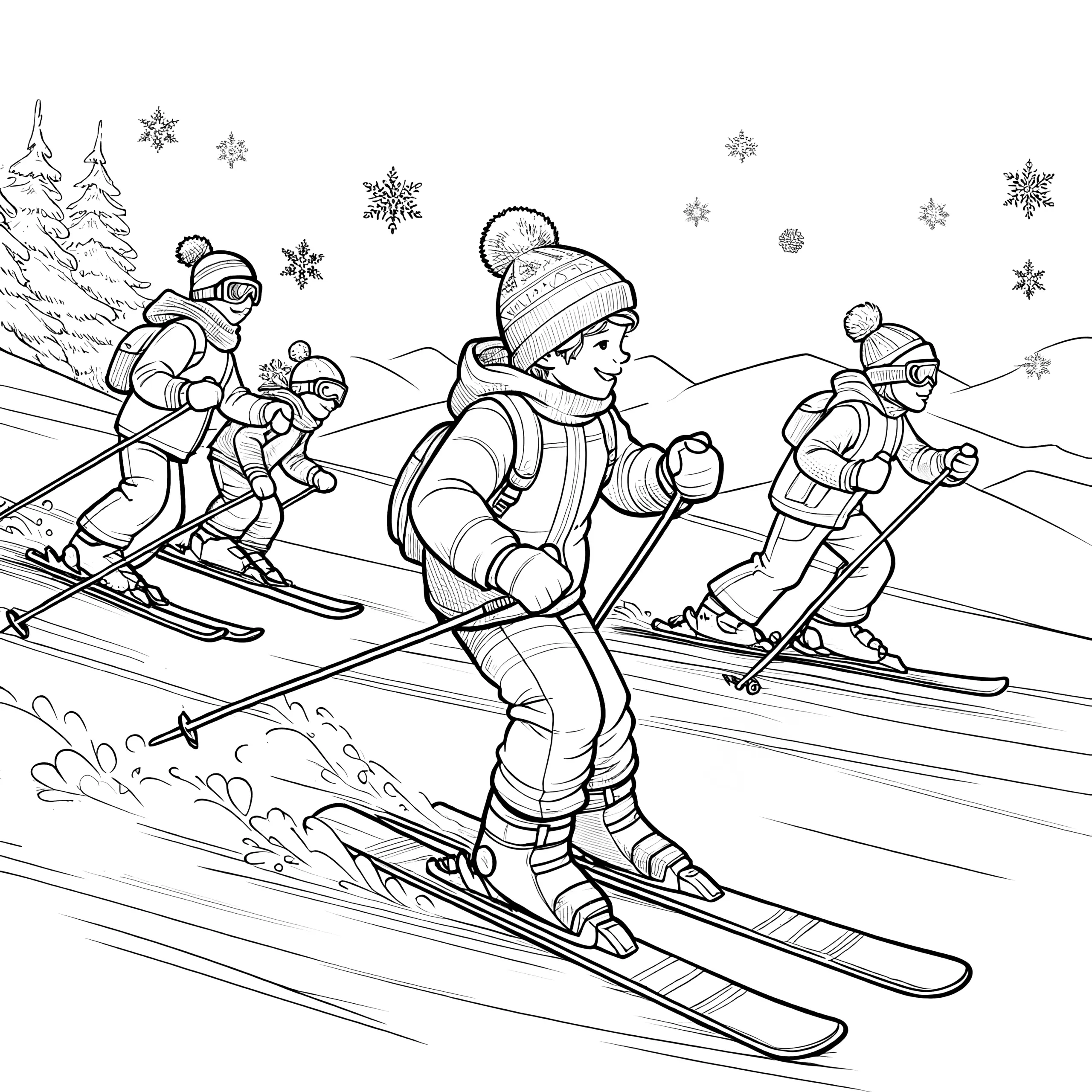 Kinder beim Skifahren: Ausmalbild kostenlos herunterladen