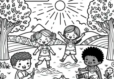 Kinder beim Spielen im Garten – Malvorlage Gratis