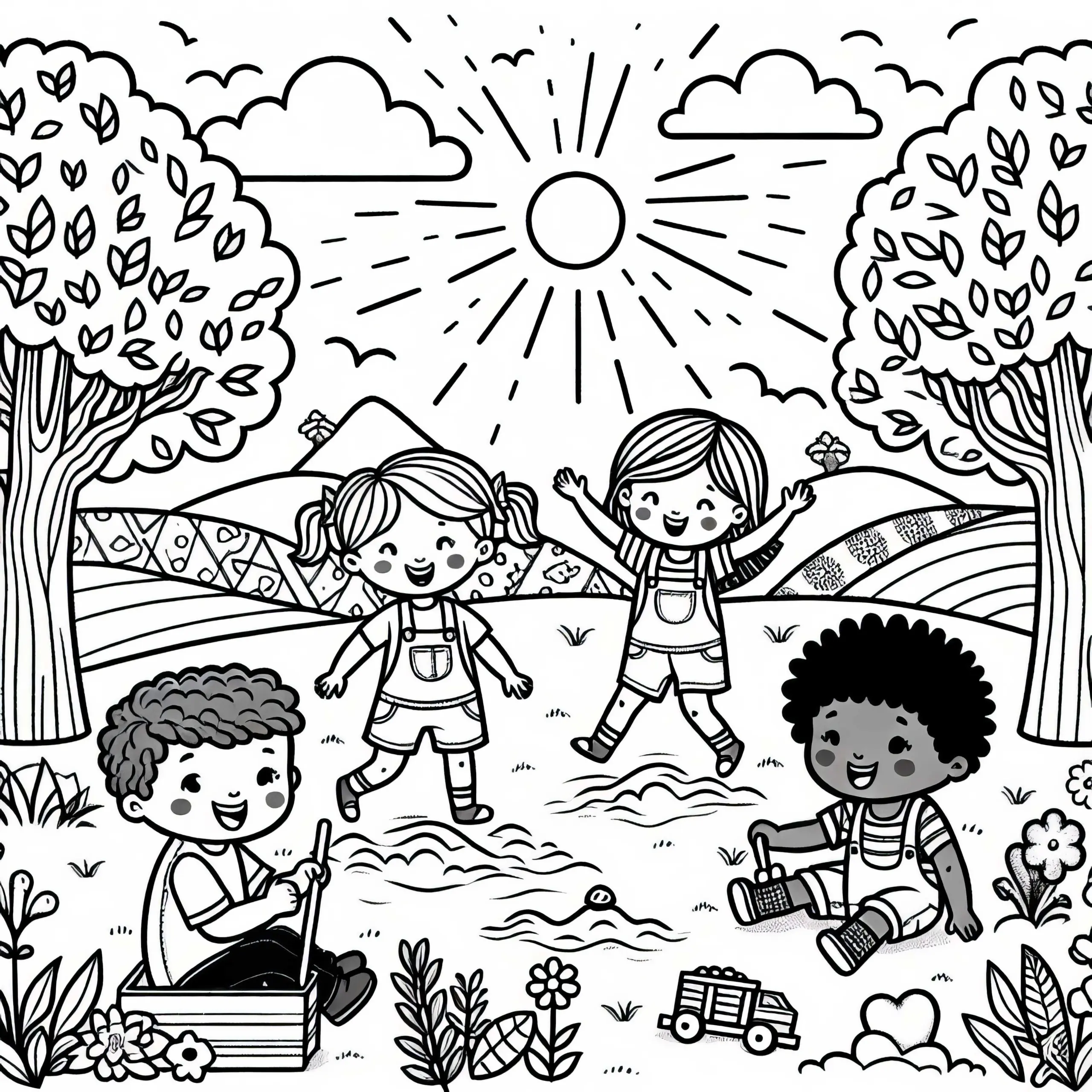 Kinder beim Spielen im Garten – Malvorlage Gratis (Ausmalbild)