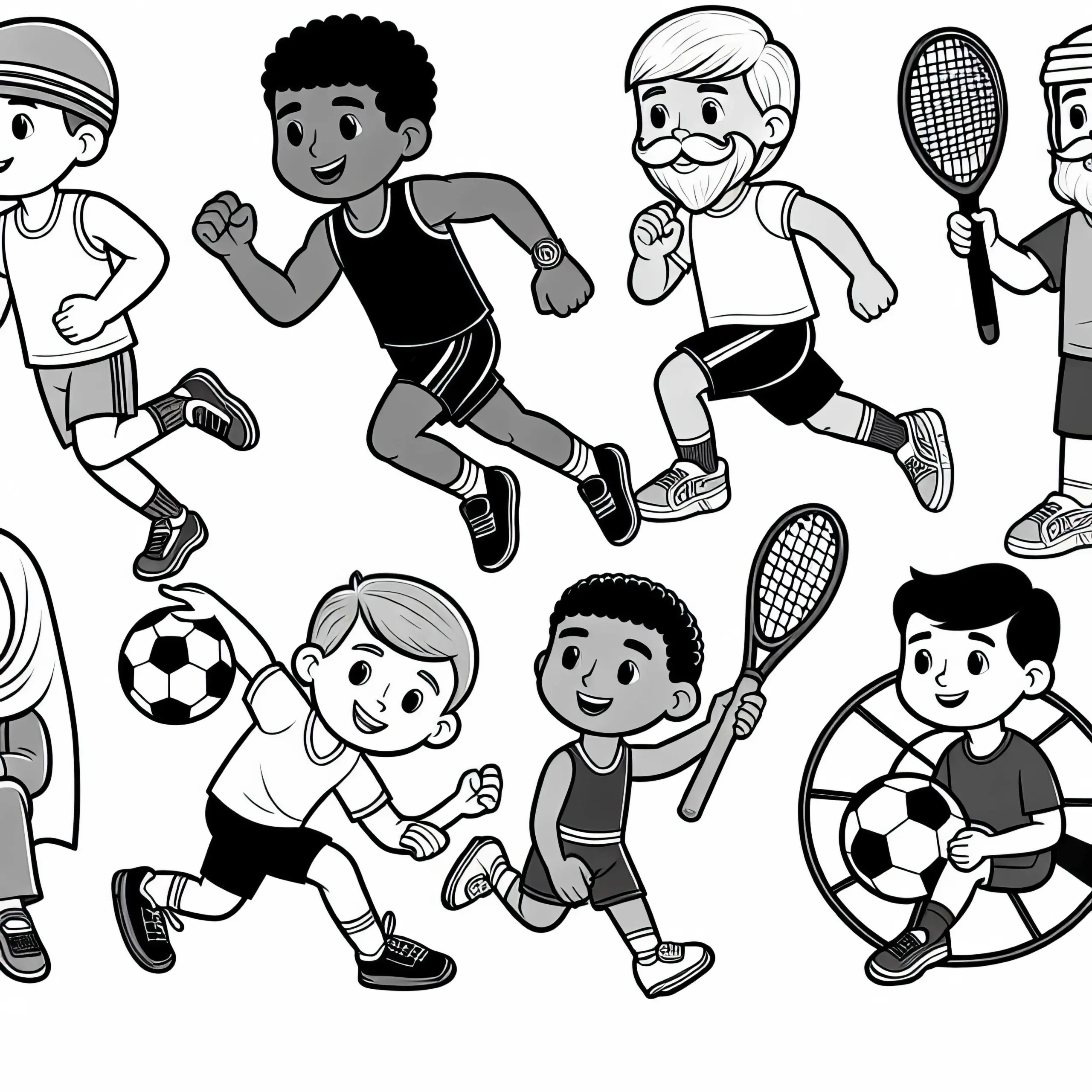 Kinder beim Sport – Malvorlage einfach kostenlos (Ausmalbild)