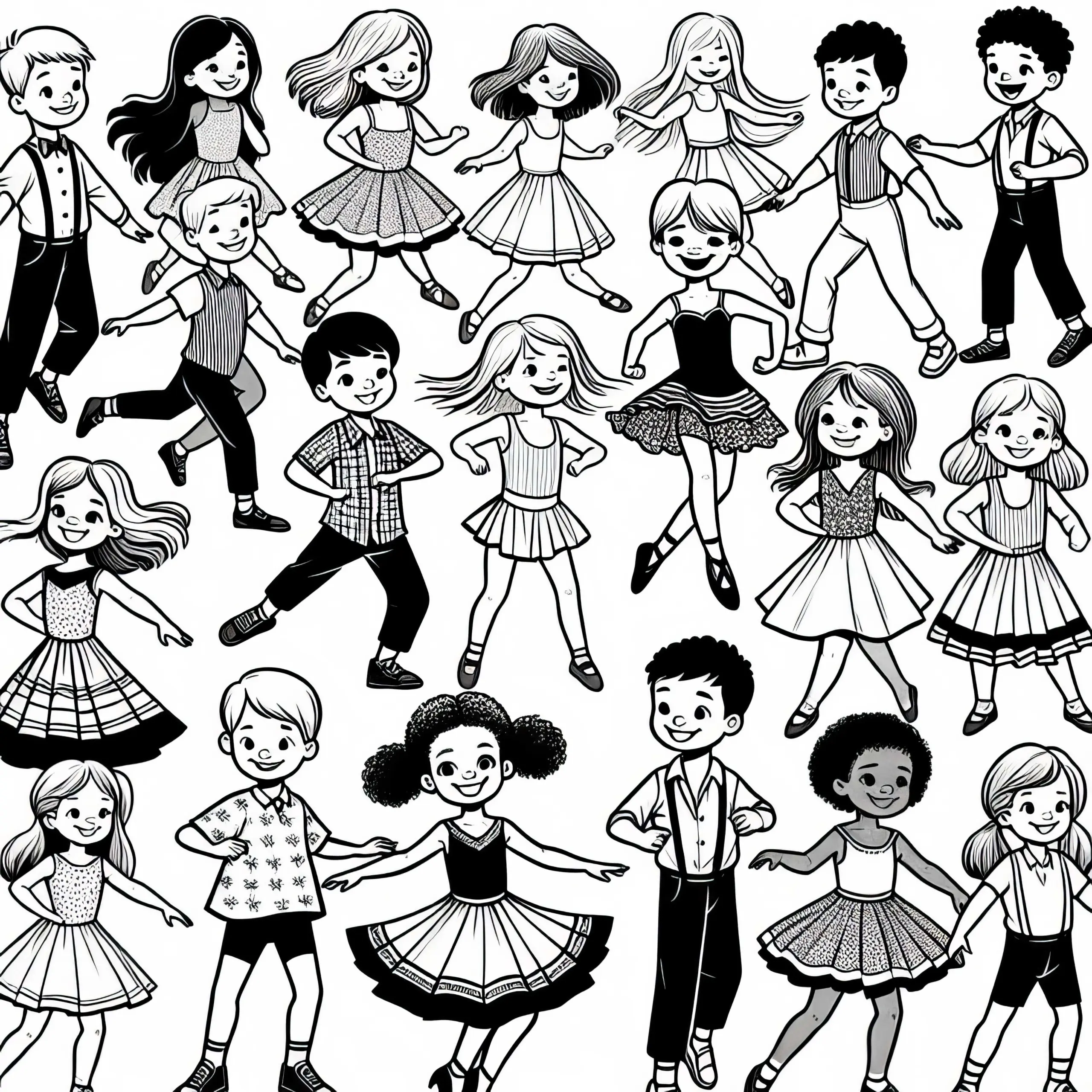 Kinder beim Tanzen – Malvorlage Gratis (Ausmalbild)
