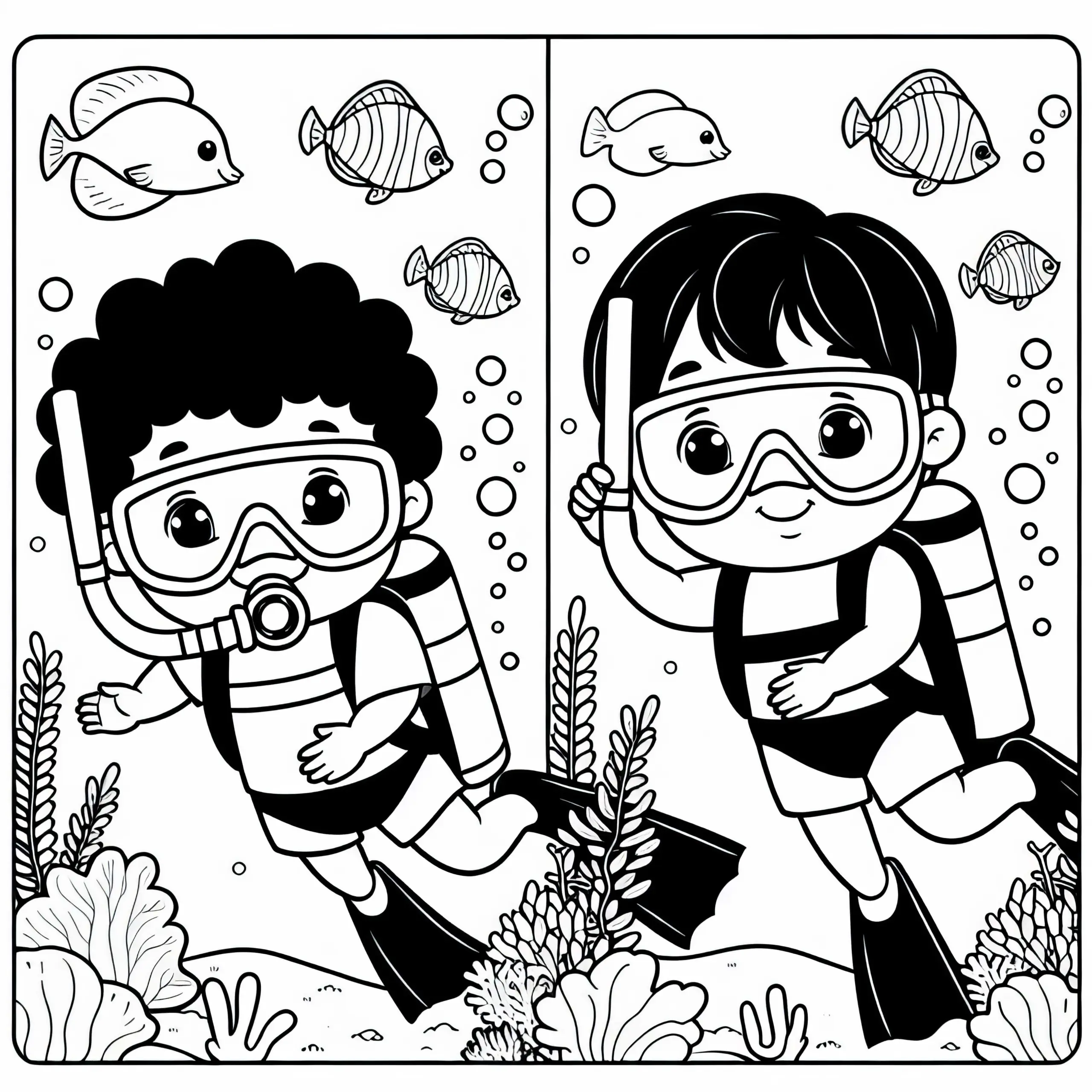 Kinder beim Tauchen – Ausmalbild einfach und kostenlos