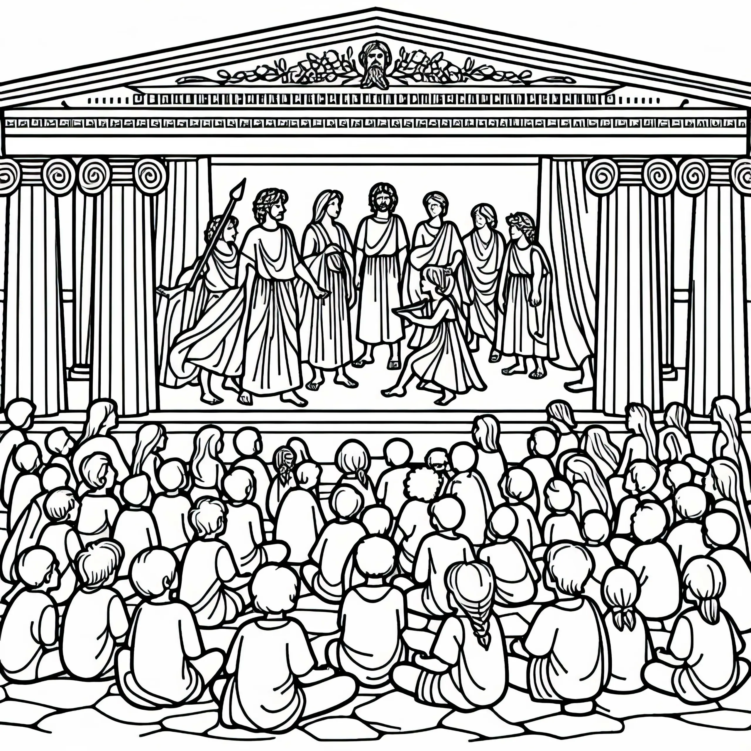 Kinder beim Theaterstück in Freilichtbühne Malvorlage Griechische Antike kostenlos (Ausmalbild)