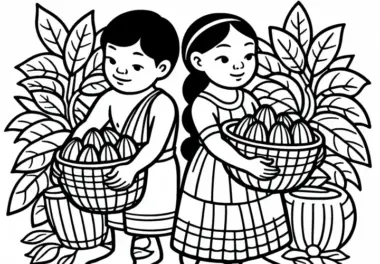 Kinder beim Tragen von Körben voller Kakao – Malvorlage Maya kostenlos