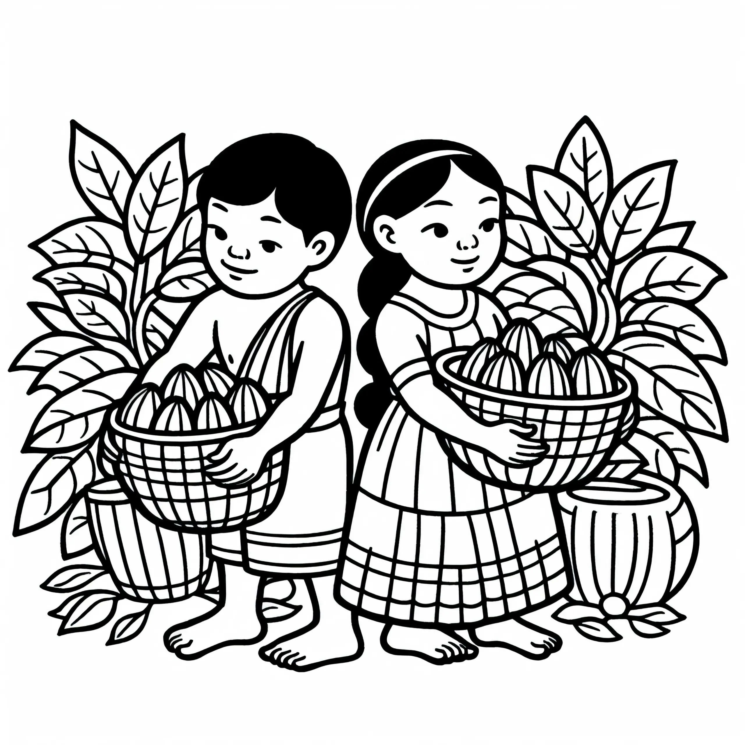 Kinder beim Tragen von Körben voller Kakao – Malvorlage Maya kostenlos (Ausmalbild)