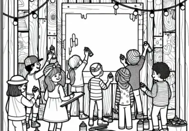 Kinder bemalen Holzwand mit Sprühfarben bei einem Straßenfest – Graffiti Ausmalbild kostenlos