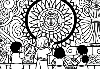 Kinder bemalen Wandbild mit Sonne als zentrales Symbol – Malvorlage Inka gratis
