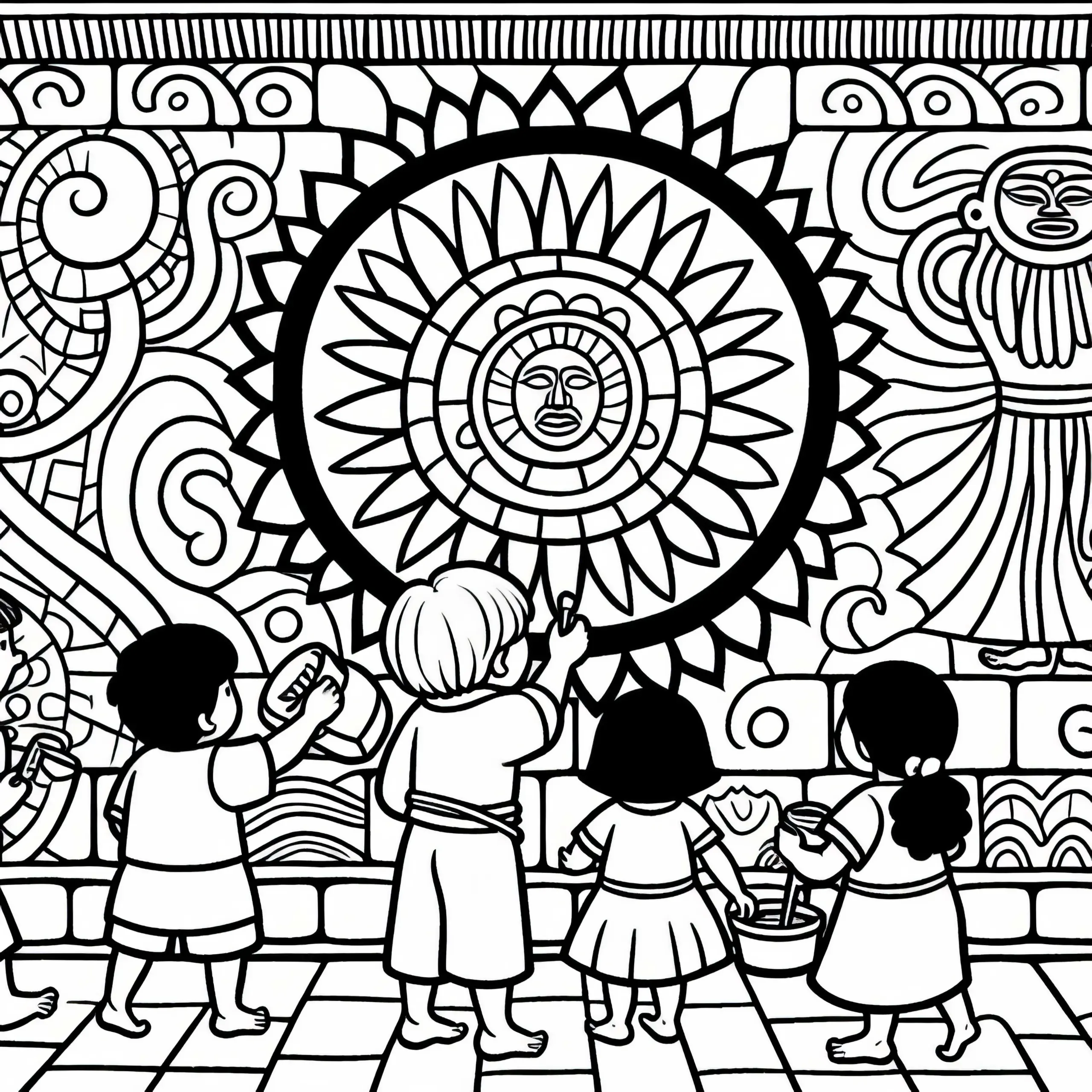Kinder bemalen Wandbild mit Sonne als zentrales Symbol – Malvorlage Inka gratis (Ausmalbild)