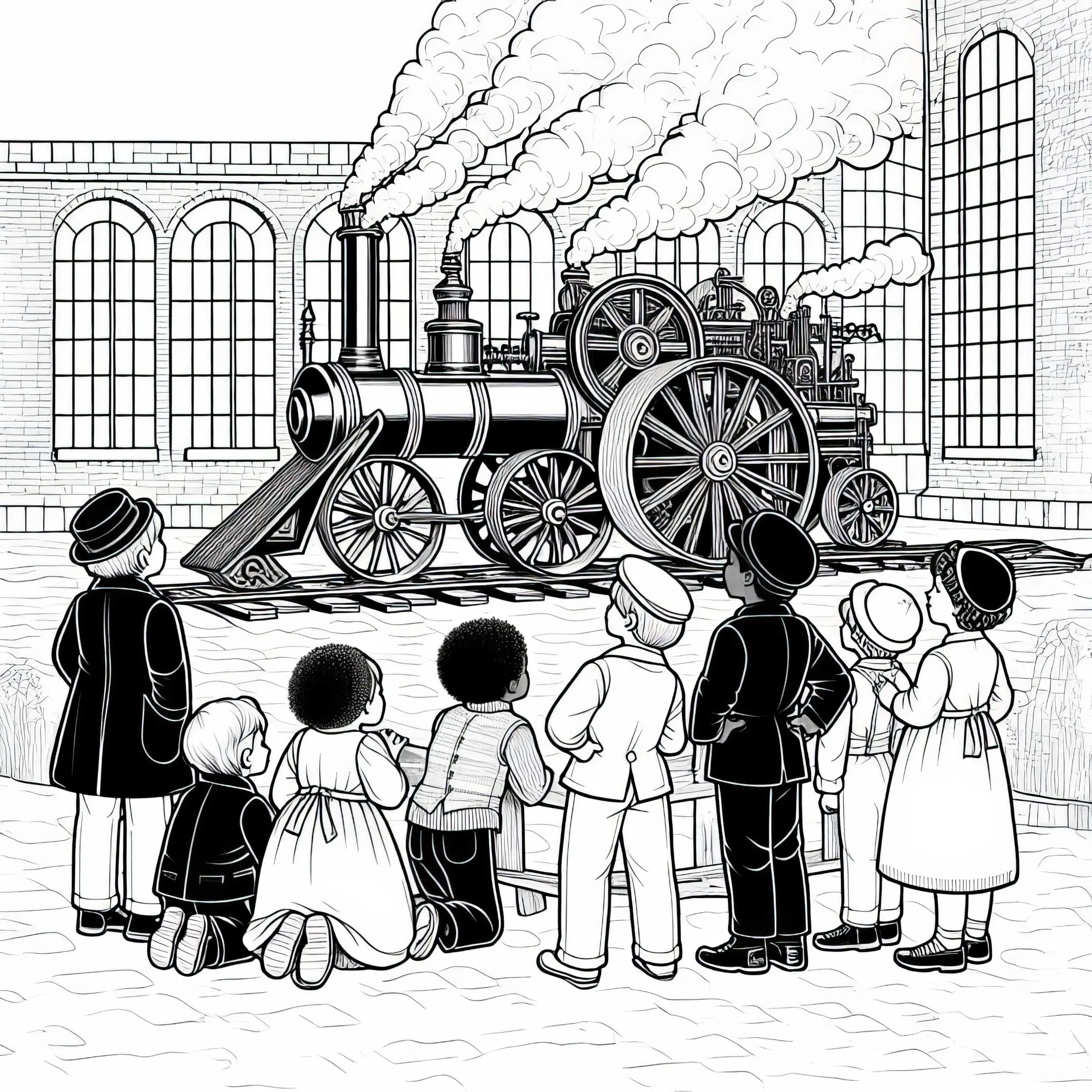 Kinder beobachten dampfbetriebene Maschine mit großen Rädern: Kostenloses Ausmalbild Industrielle Revolution