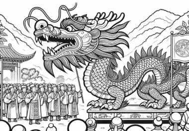 Kinder beobachten Drachenfigur beim Festumzug – Malvorlage Altes China kostenlos