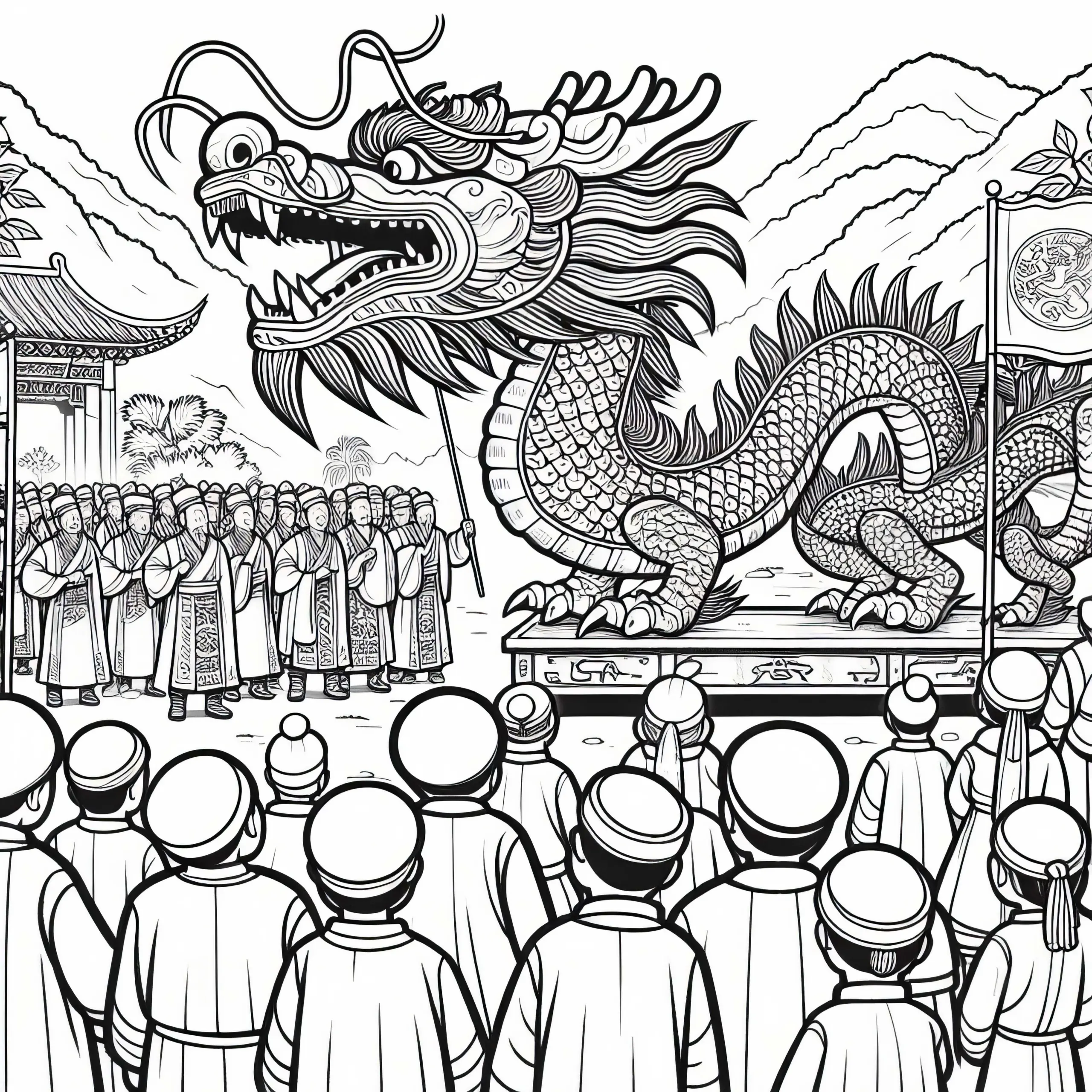 Kinder beobachten Drachenfigur beim Festumzug – Malvorlage Altes China kostenlos (Ausmalbild)