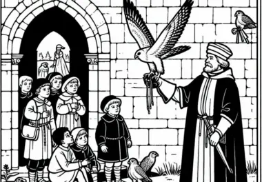 Kinder beobachten Falkner mit Vogel Malvorlage Mittelalter gratis