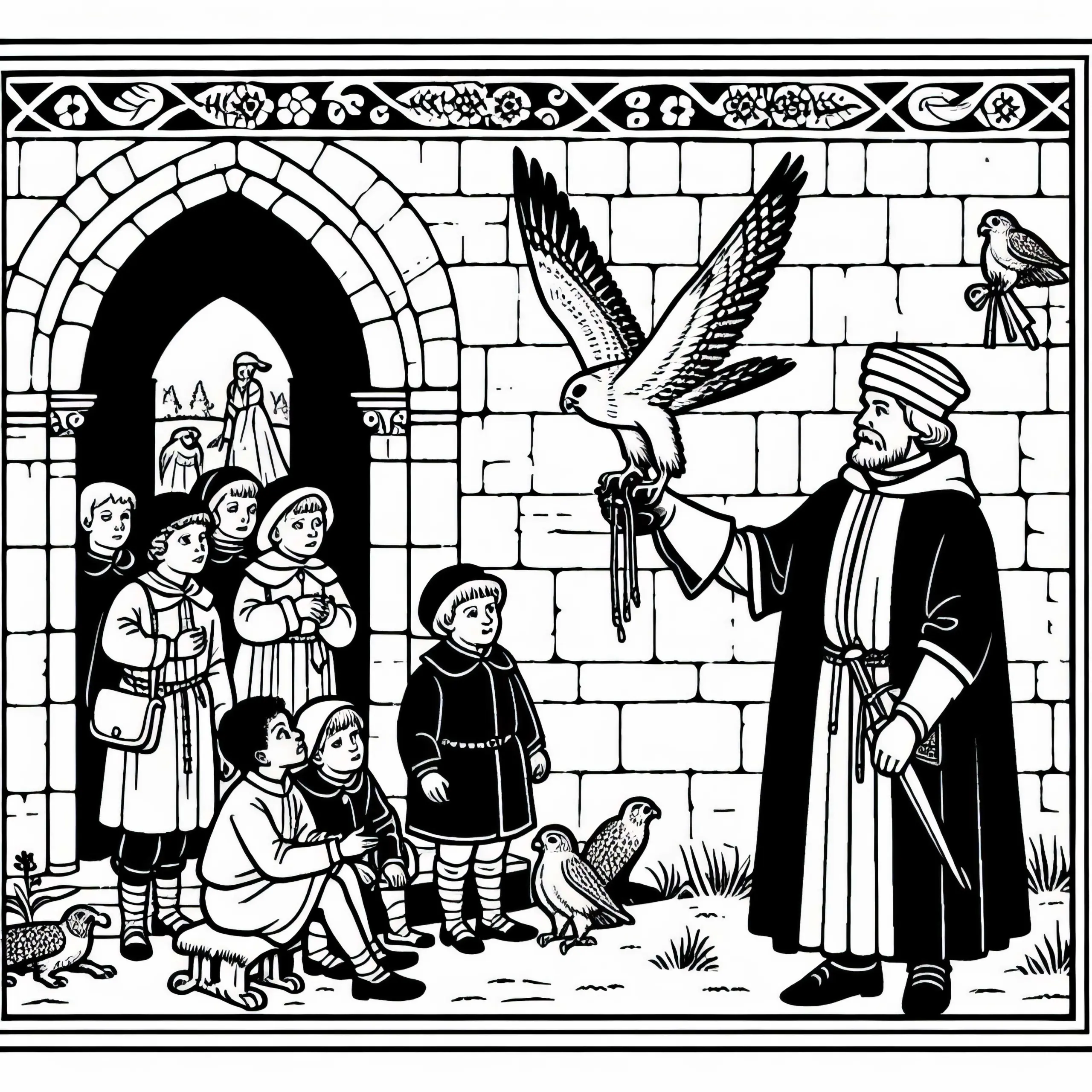Kinder beobachten Falkner mit Vogel Malvorlage Mittelalter gratis (Ausmalbild)