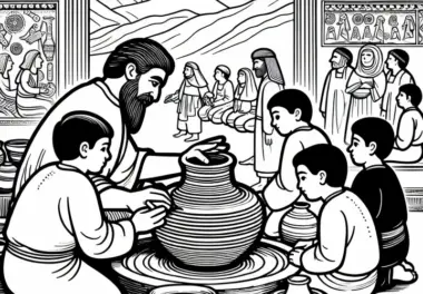 Kinder beobachten Handwerker bei der Herstellung von Keramik – Ausmalbild Mesopotamien kostenlos