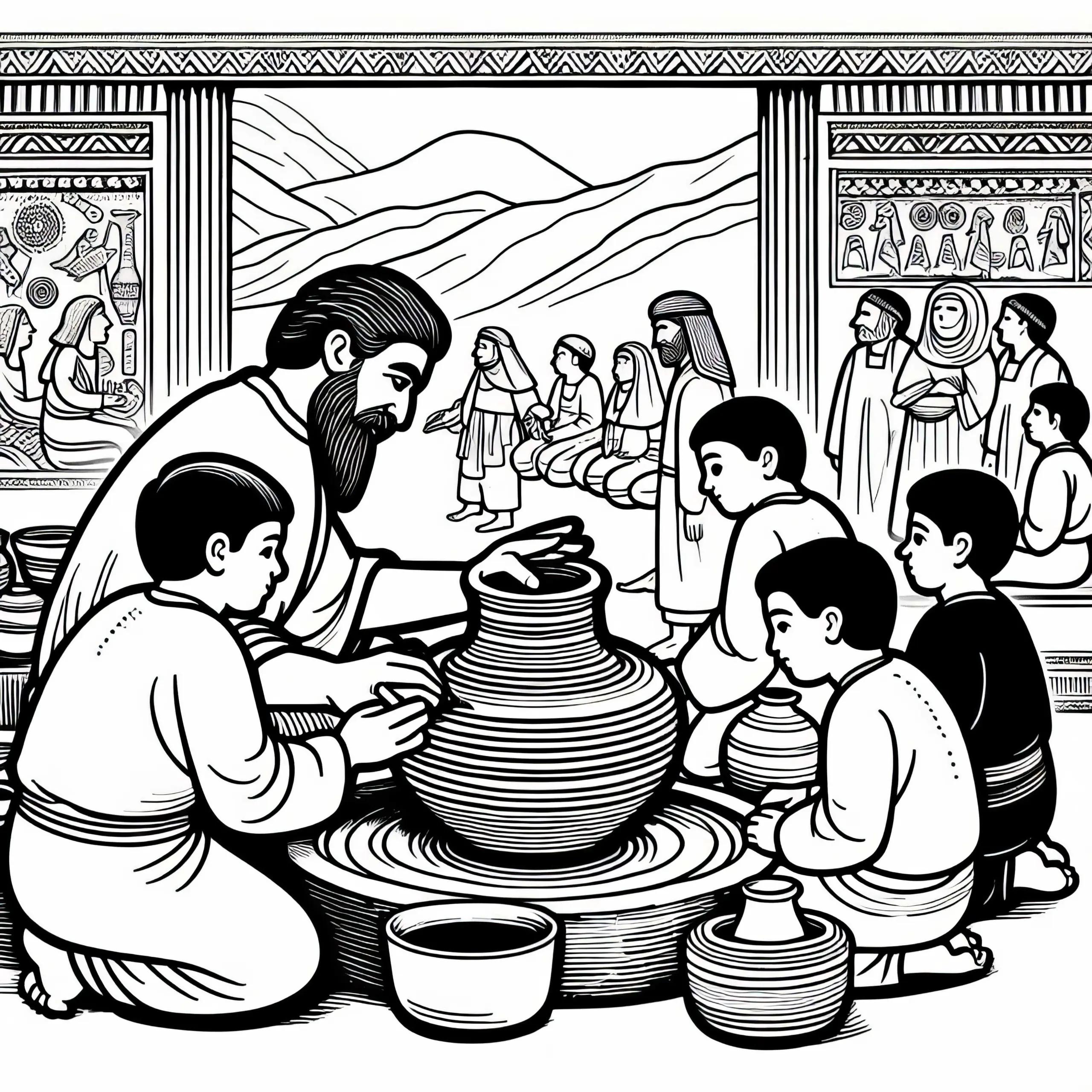 Kinder beobachten Handwerker bei der Herstellung von Keramik – Ausmalbild Mesopotamien kostenlos