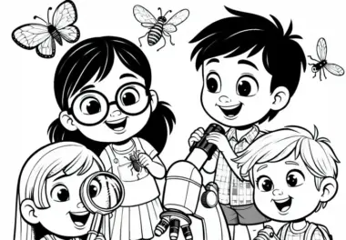 Kinder beobachten Insekten mit Lupe und Mikroskop – Malvorlage gratis