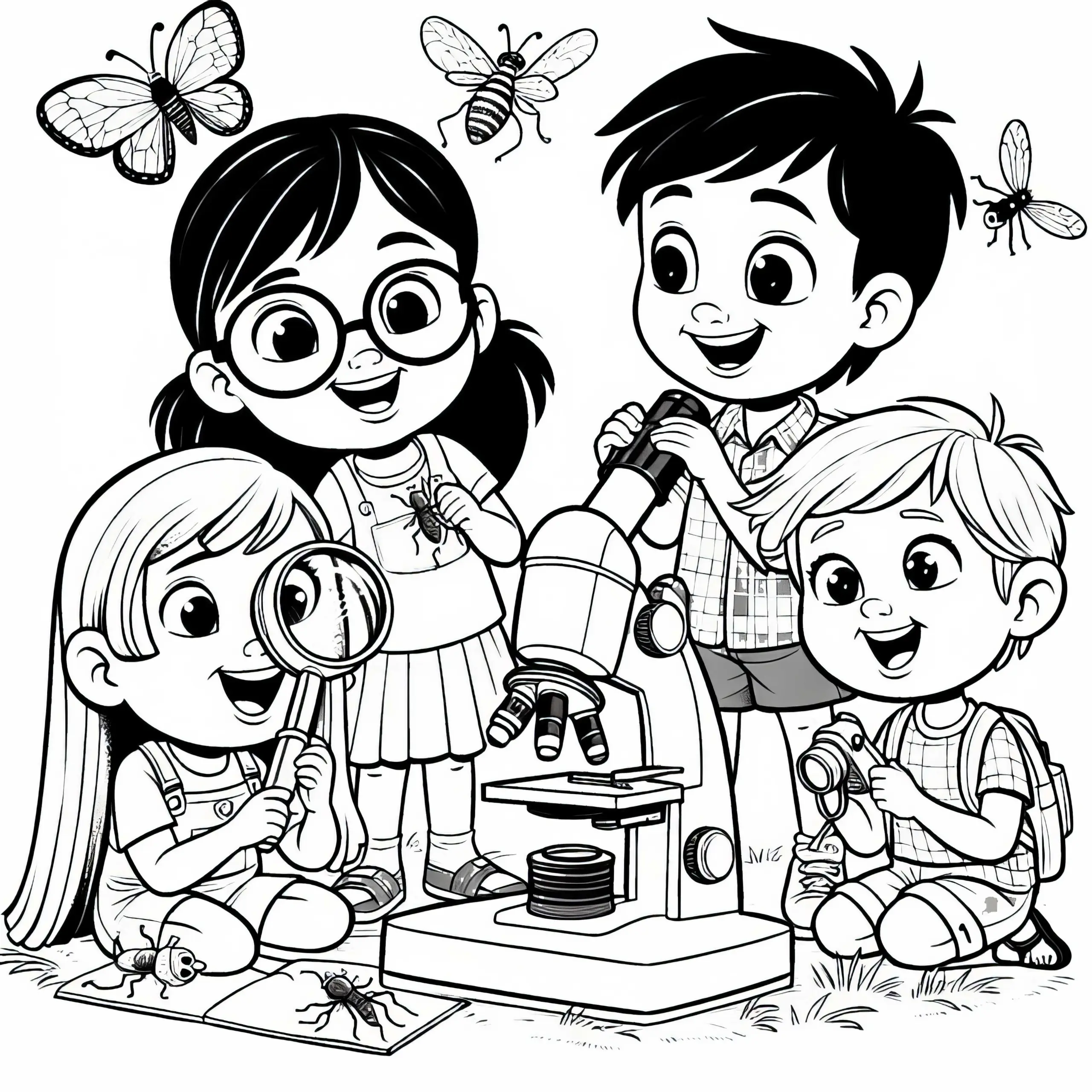 Kinder beobachten Insekten mit Lupe und Mikroskop – Malvorlage gratis (Ausmalbild)