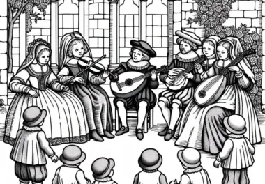Kinder beobachten Musiker mit Laute und Geige im Hof