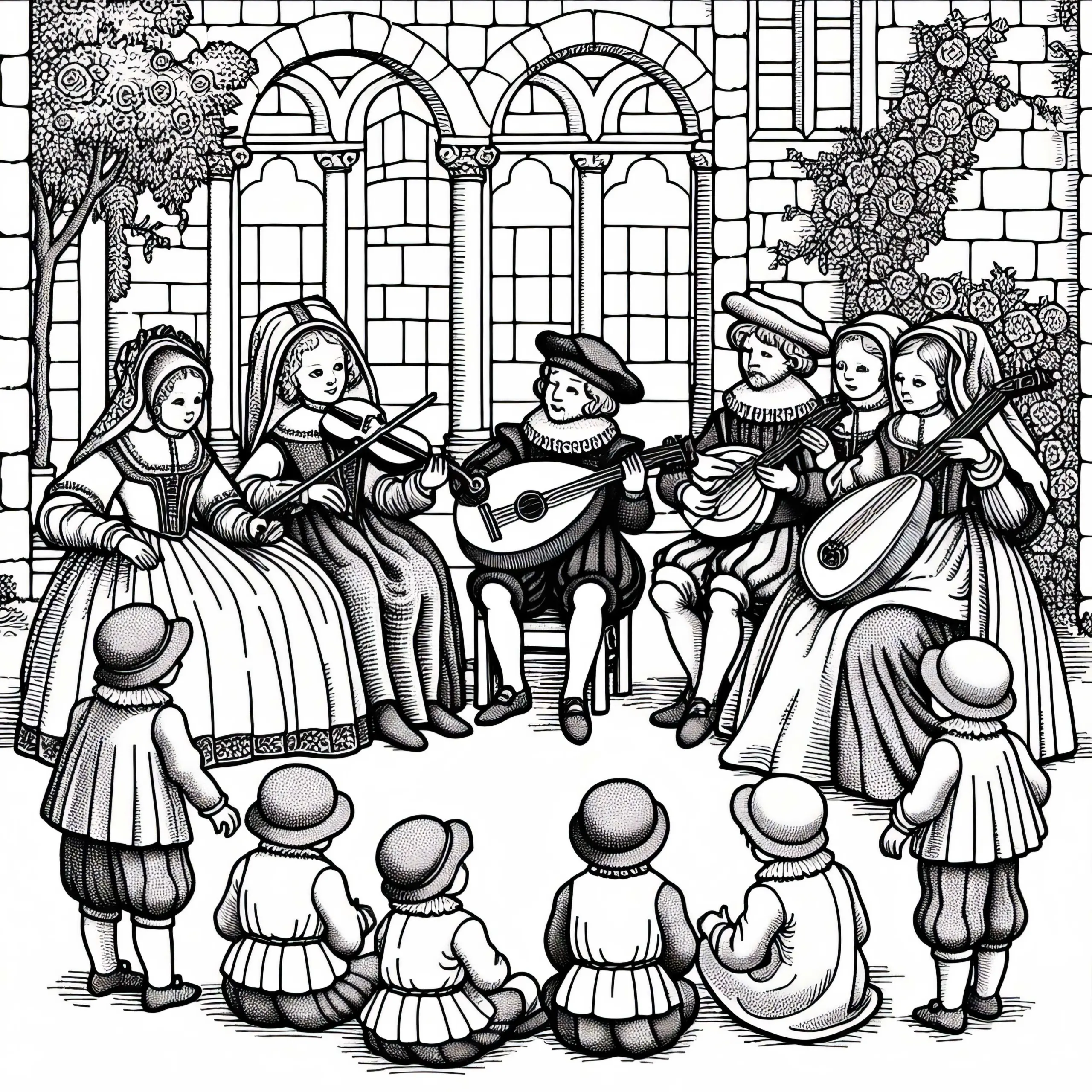 Kinder beobachten Musiker mit Laute und Geige im Hof (Ausmalbild)