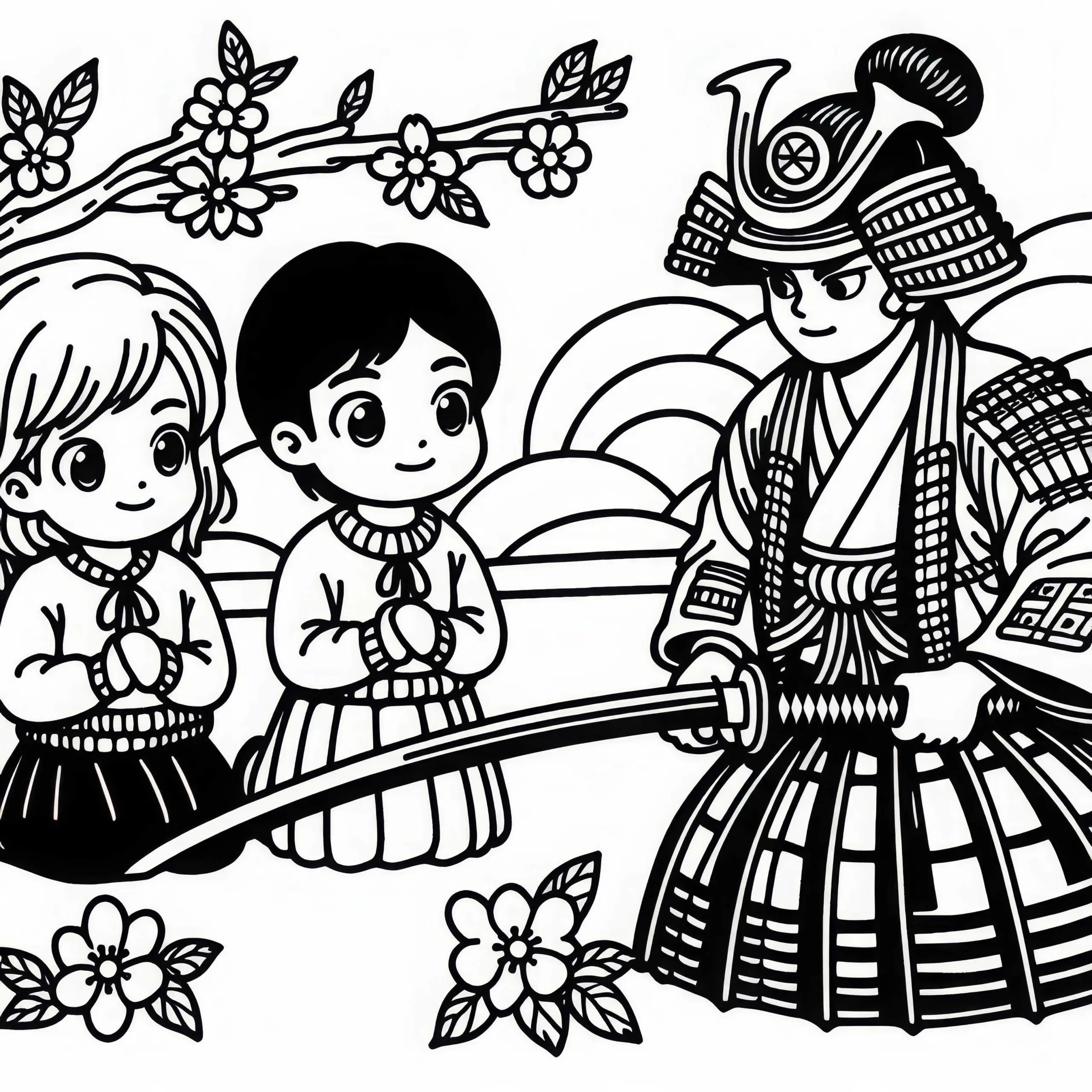 Kinder beobachten Samurai beim Üben mit Schwert – Malvorlage Altes Japan kostenlos (Ausmalbild)