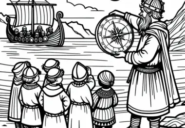 Kinder beobachten Seemann, der den Sonnenstand misst – Malvorlage Wikingerentdeckungen gratis