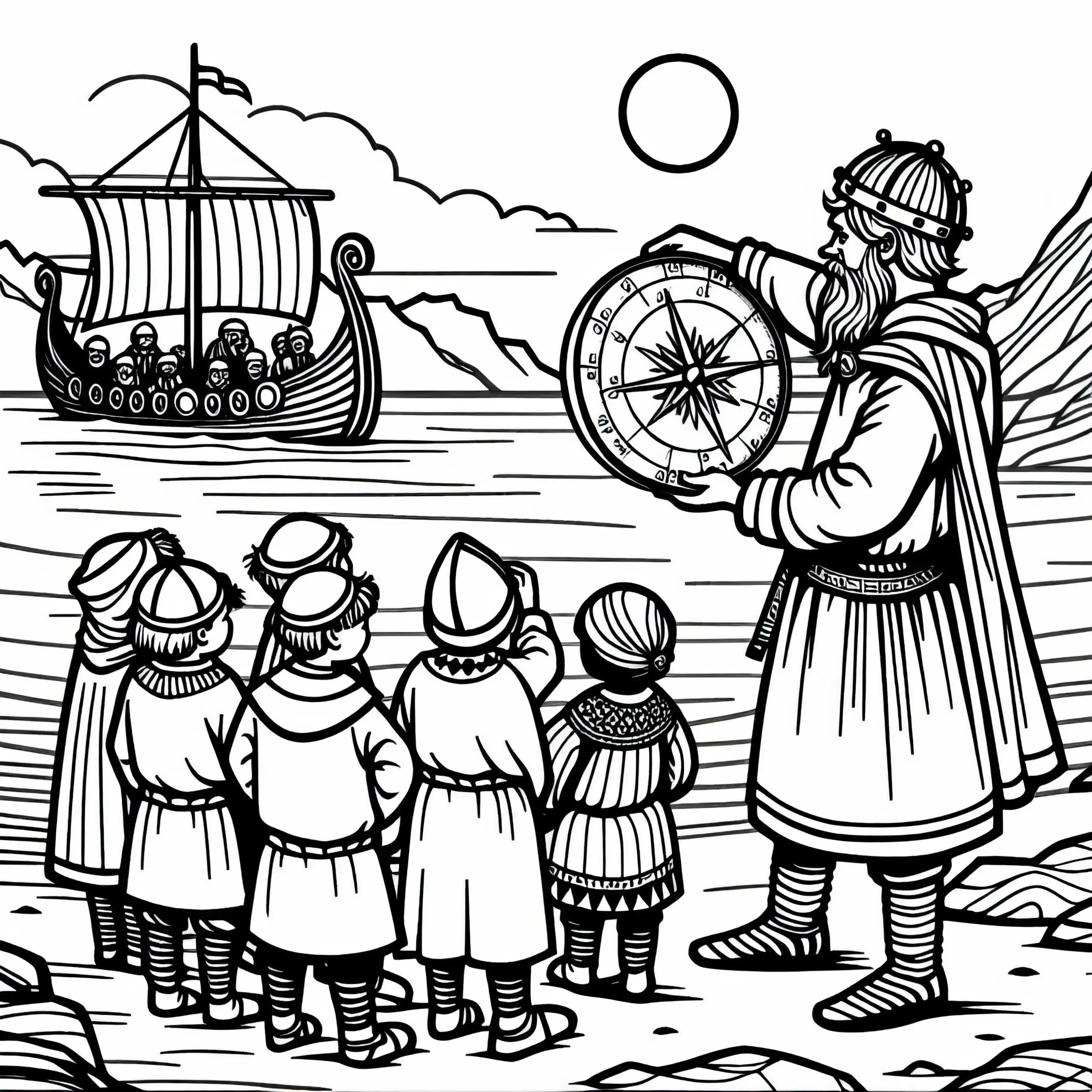 Kinder beobachten Seemann, der den Sonnenstand misst – Malvorlage Wikingerentdeckungen gratis (Ausmalbild)