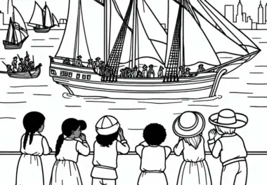 Kinder beobachten Segelschiff Ausmalbild Entdeckung Amerikas gratis