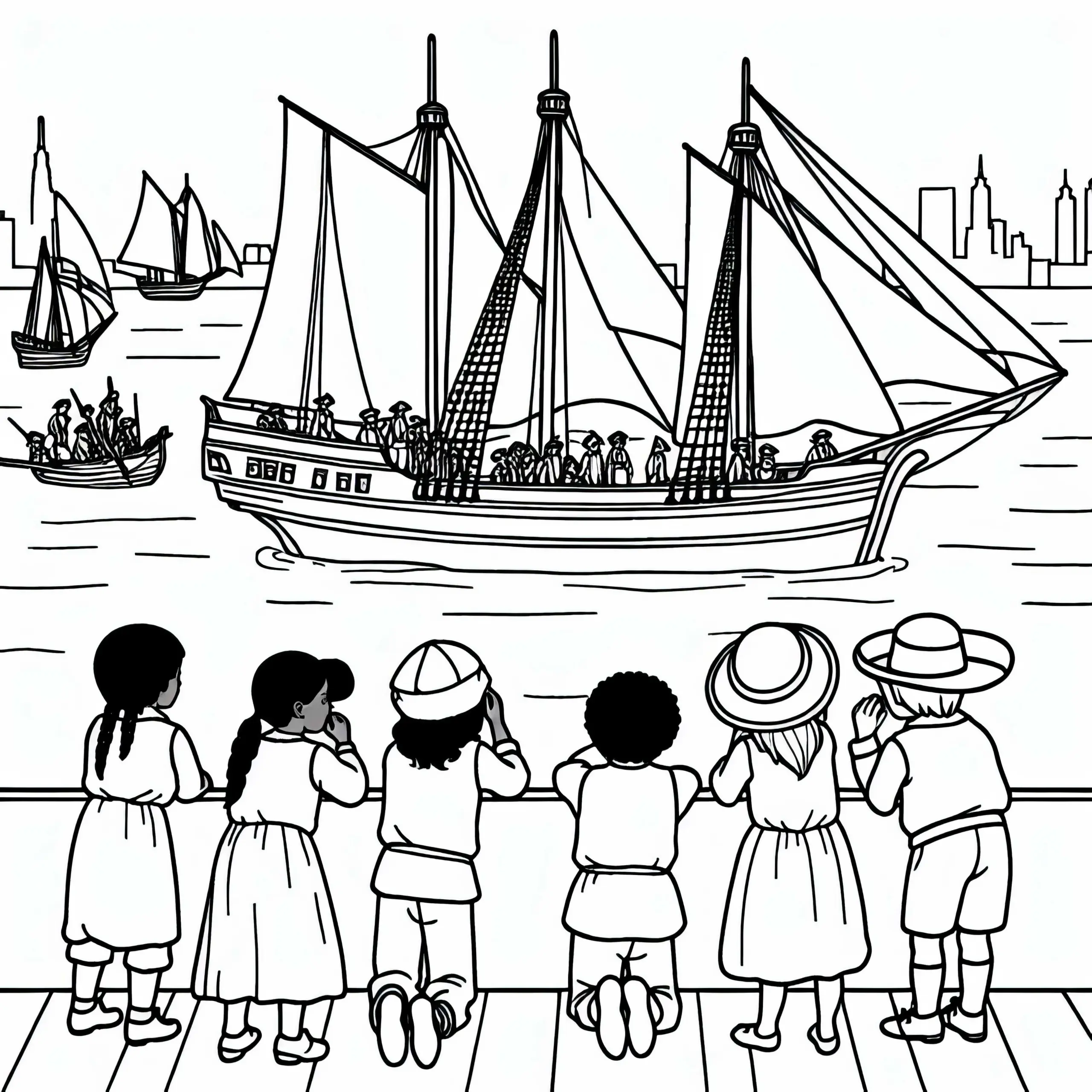 Kinder beobachten Segelschiff Ausmalbild Entdeckung Amerikas gratis