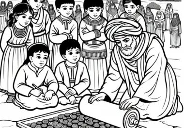 Kinder beobachten Sumerer beim Rollen eines Zylindersiegels – Ausmalbild älteste Zivilisationen gratis