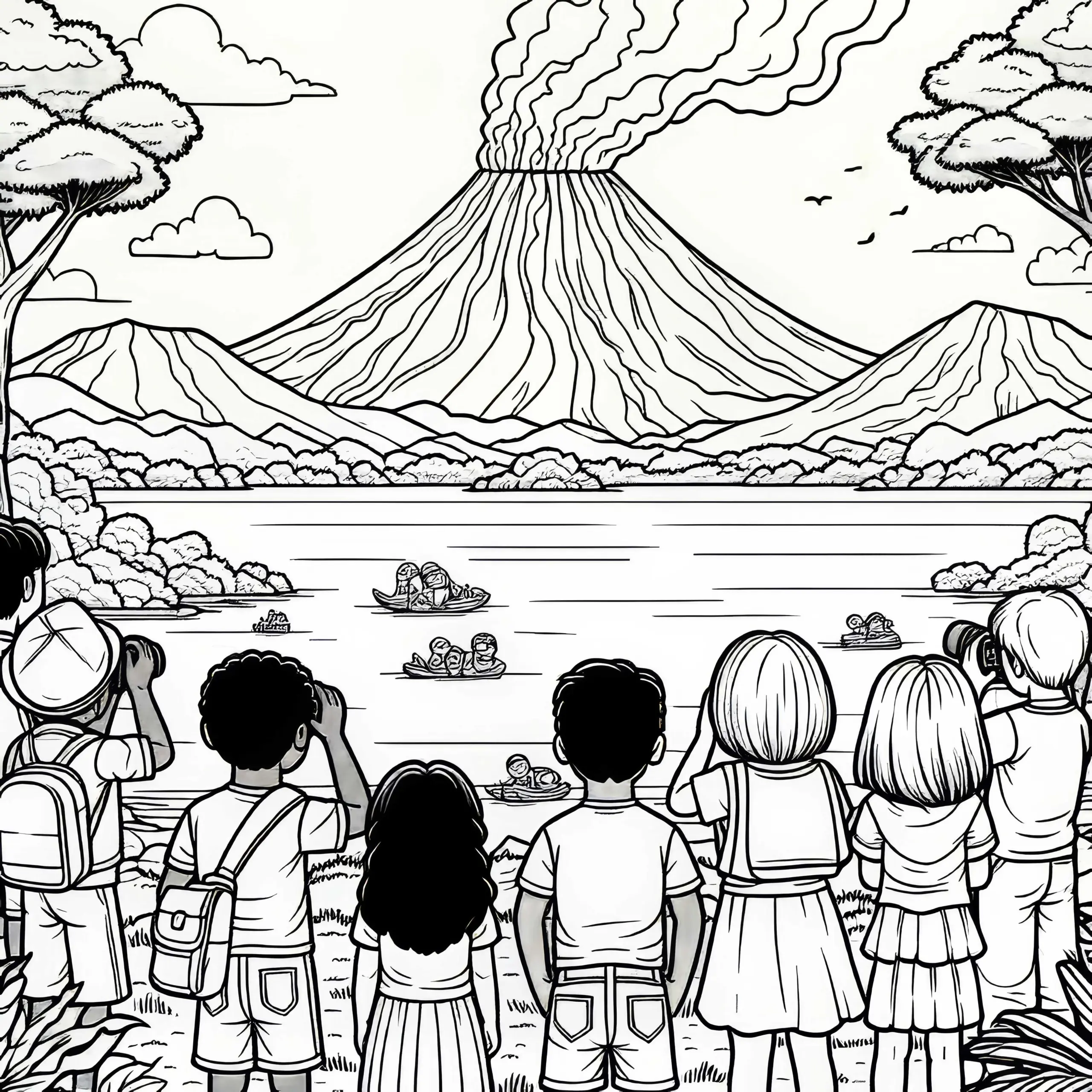 Kinder beobachten Vulkan Malvorlage kostenlos (Ausmalbild)