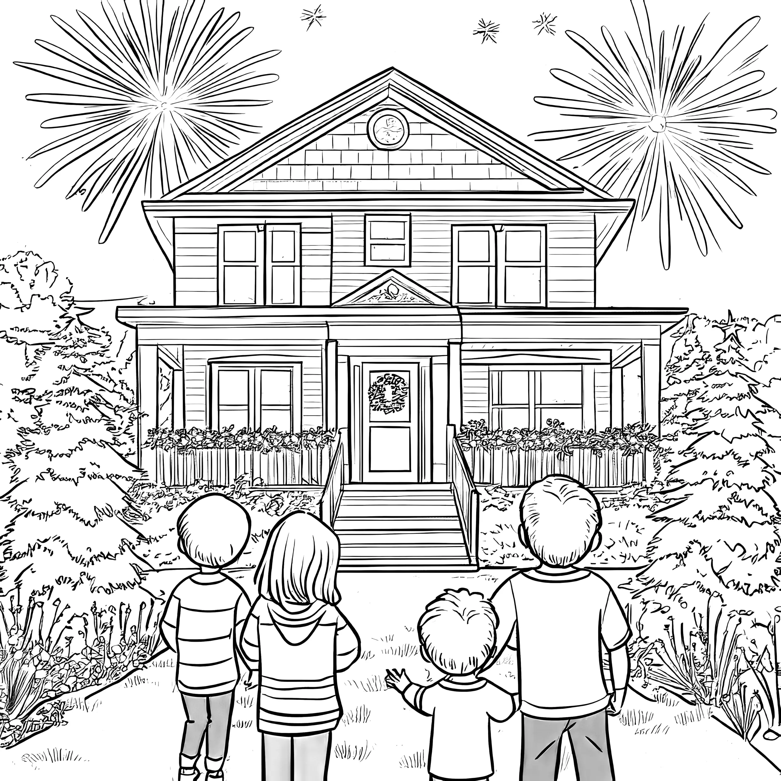 Kinder bestaunen Feuerwerk über Haus: gratis Malvorlage (Ausmalbild)
