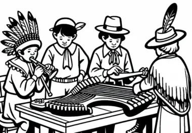 Kinder bestaunen fremdartige Musikinstrumente der indigenen Bevölkerung – Malvorlage Entdeckung Amerikas gratis