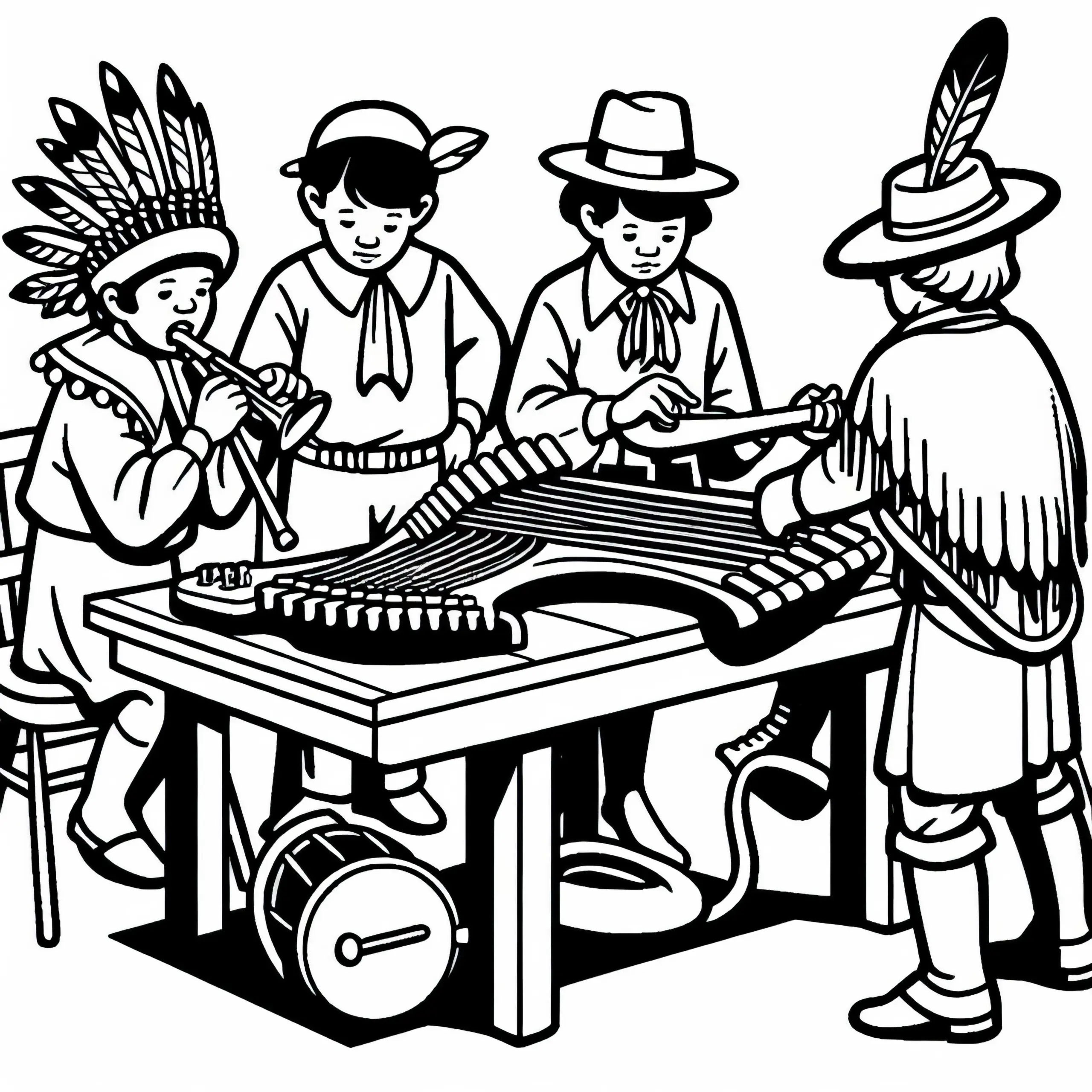 Kinder bestaunen fremdartige Musikinstrumente der indigenen Bevölkerung – Malvorlage Entdeckung Amerikas gratis (Ausmalbild)