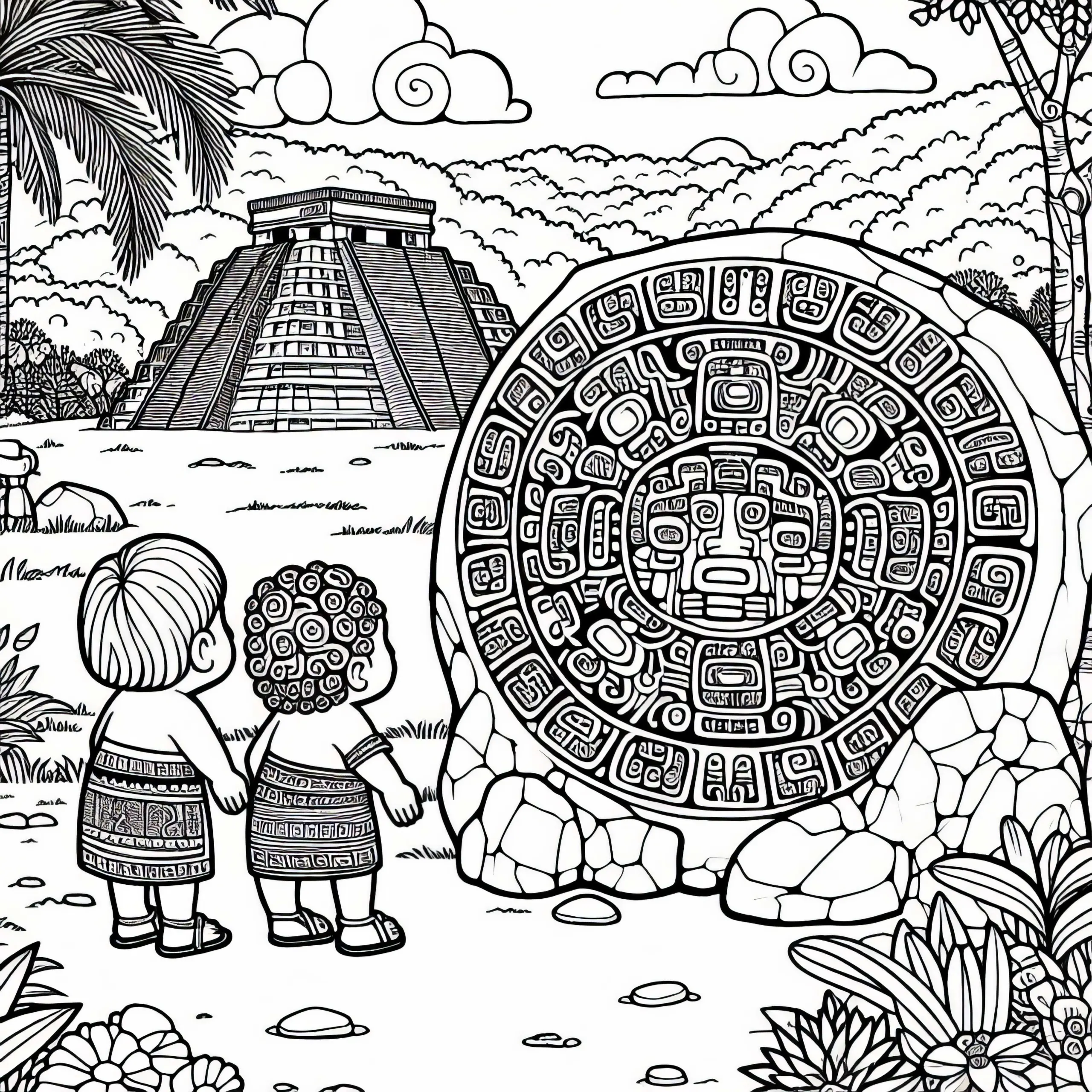 Kinder bestaunen Maya-Kalenderstein mit Symbolen – Malvorlage kostenlos (Ausmalbild)