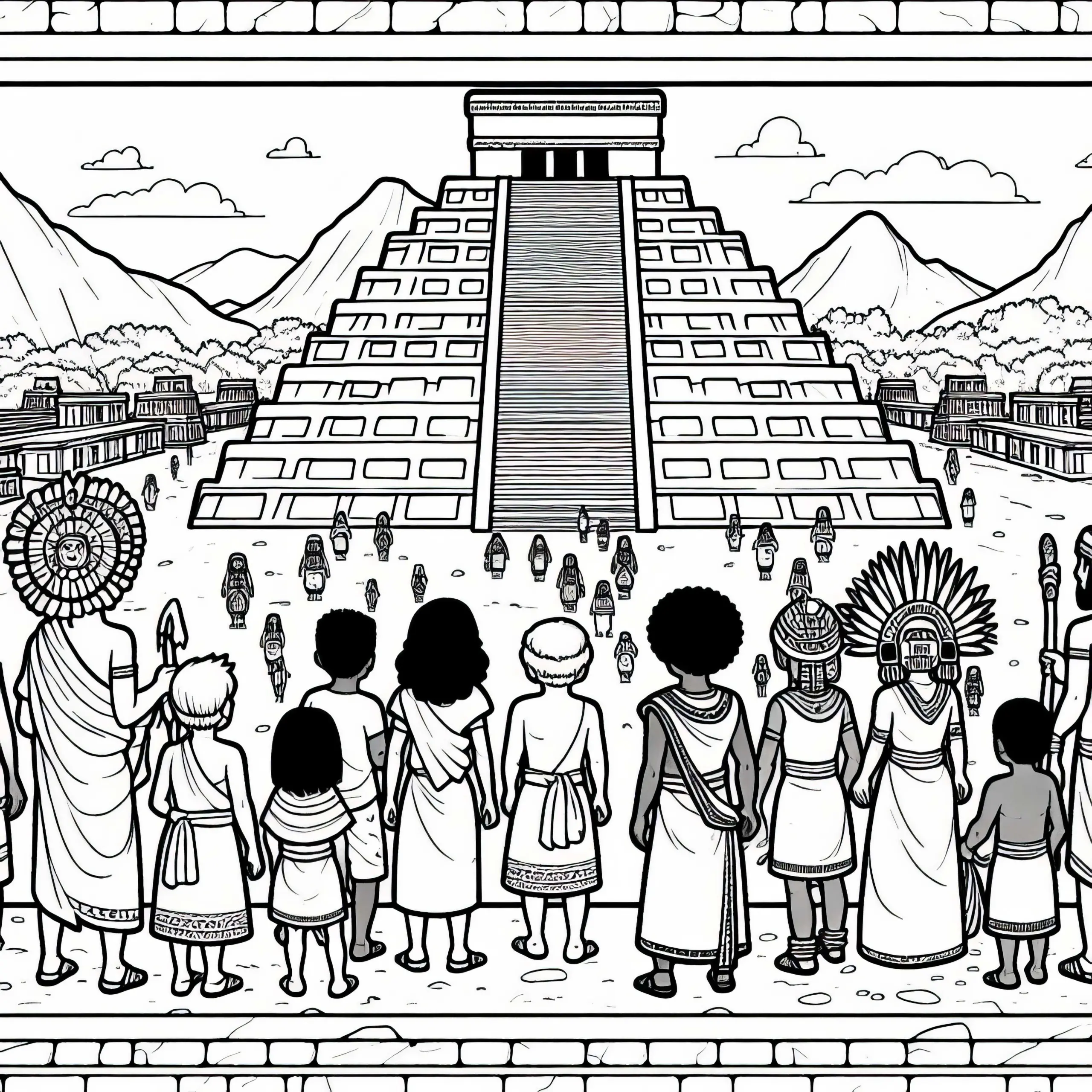 Kinder betrachten Pyramide Malvorlage Azteken gratis (Ausmalbild)