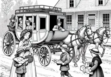 Kinder bringen Briefe von der Postkutsche zu einer Familie – Ausmalbild Napoleonische Ära kostenlos