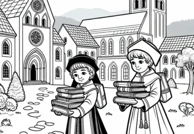 Kinder bringen Bücher in Klosterschule – Malvorlage Karl der Große – Gratis