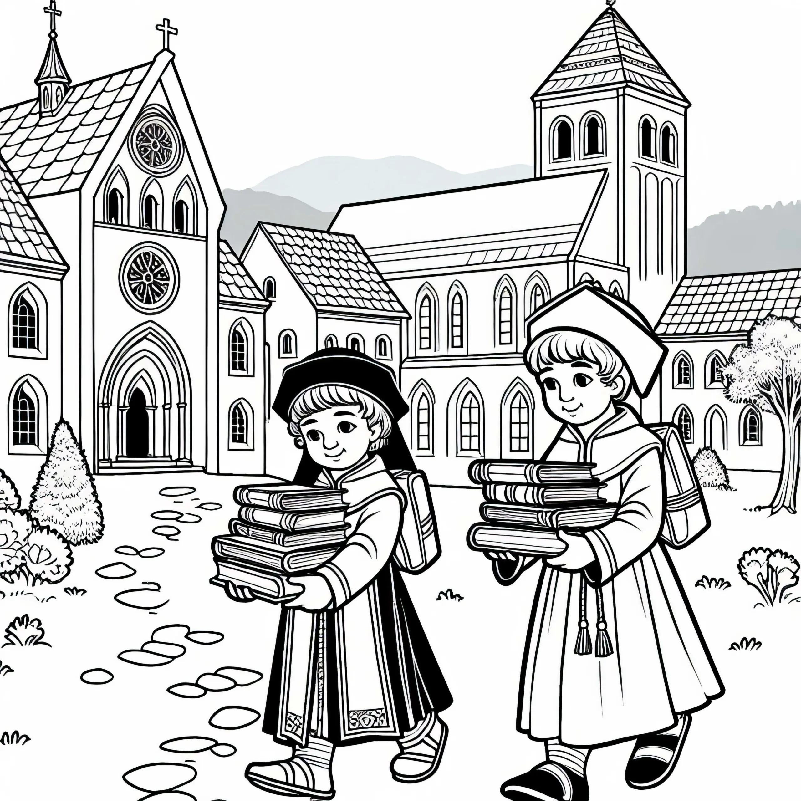 Kinder bringen Bücher in Klosterschule – Malvorlage Karl der Große – Gratis (Ausmalbild)