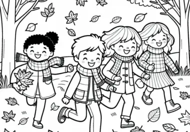 Kinder, die durch Herbstlaub rennen – Ausmalbild kostenlos