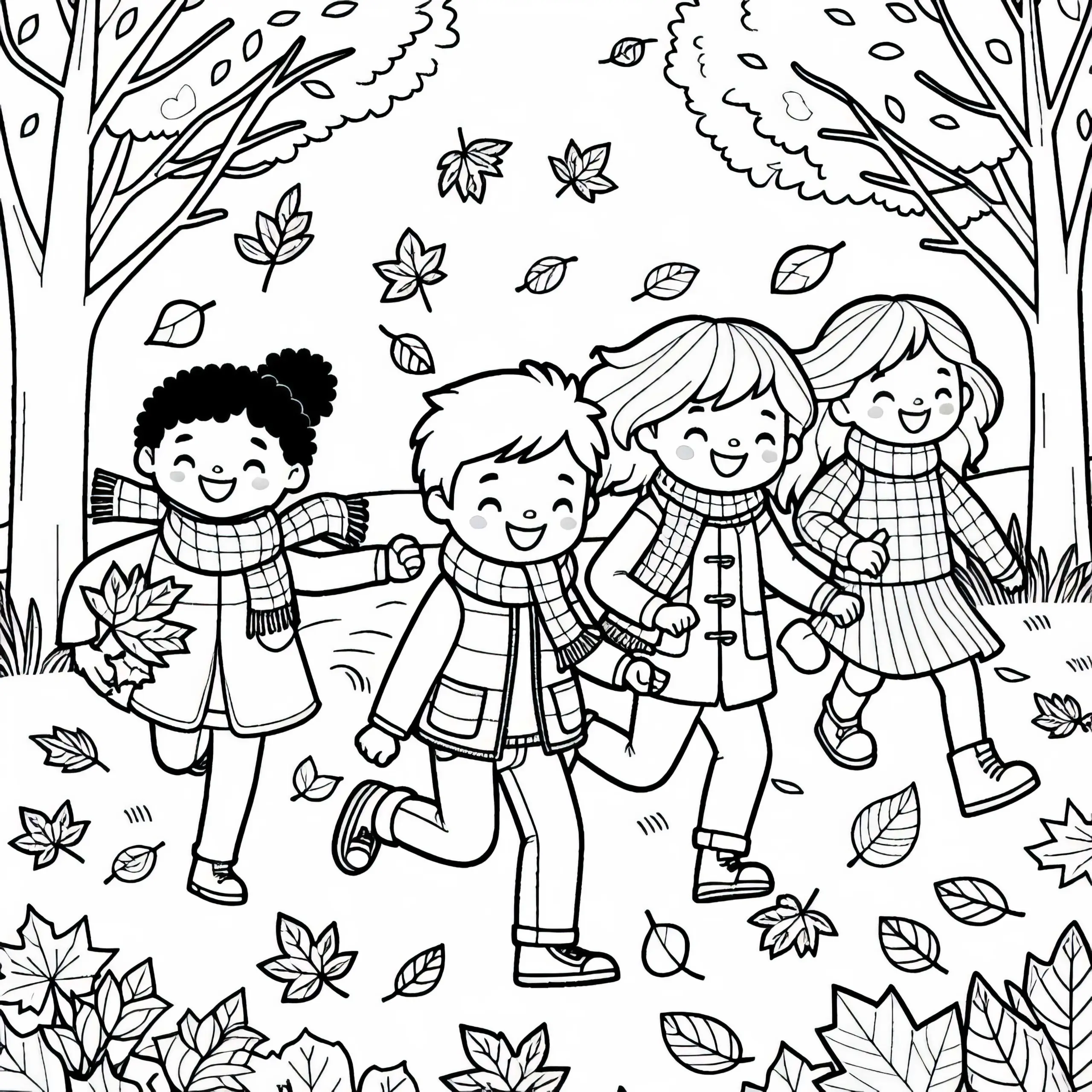 Kinder, die durch Herbstlaub rennen – Ausmalbild kostenlos