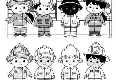 Kinder, die sich als Feuerwehrmann verkleiden – Malvorlage einfach gratis