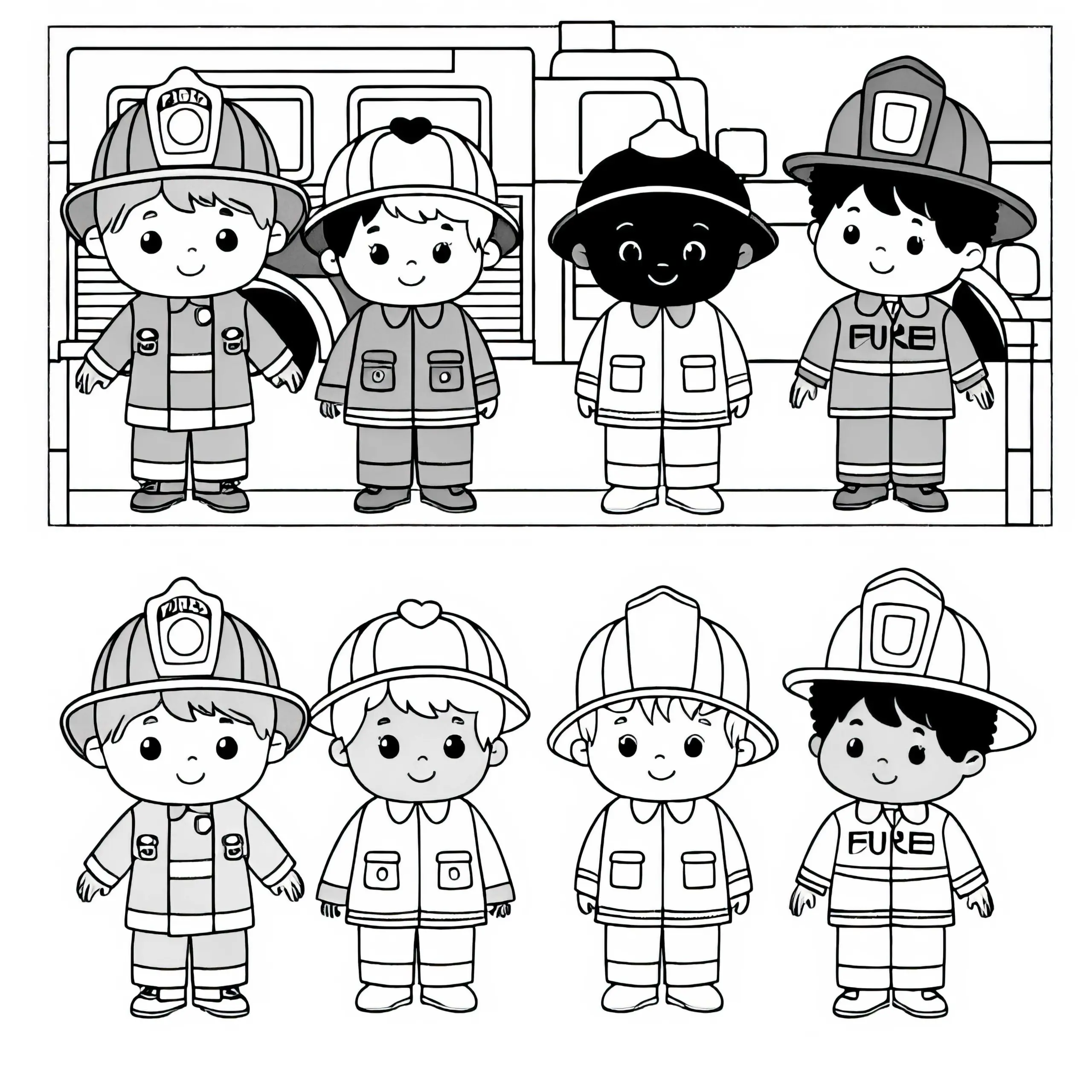 Kinder, die sich als Feuerwehrmann verkleiden – Malvorlage einfach gratis (Ausmalbild)
