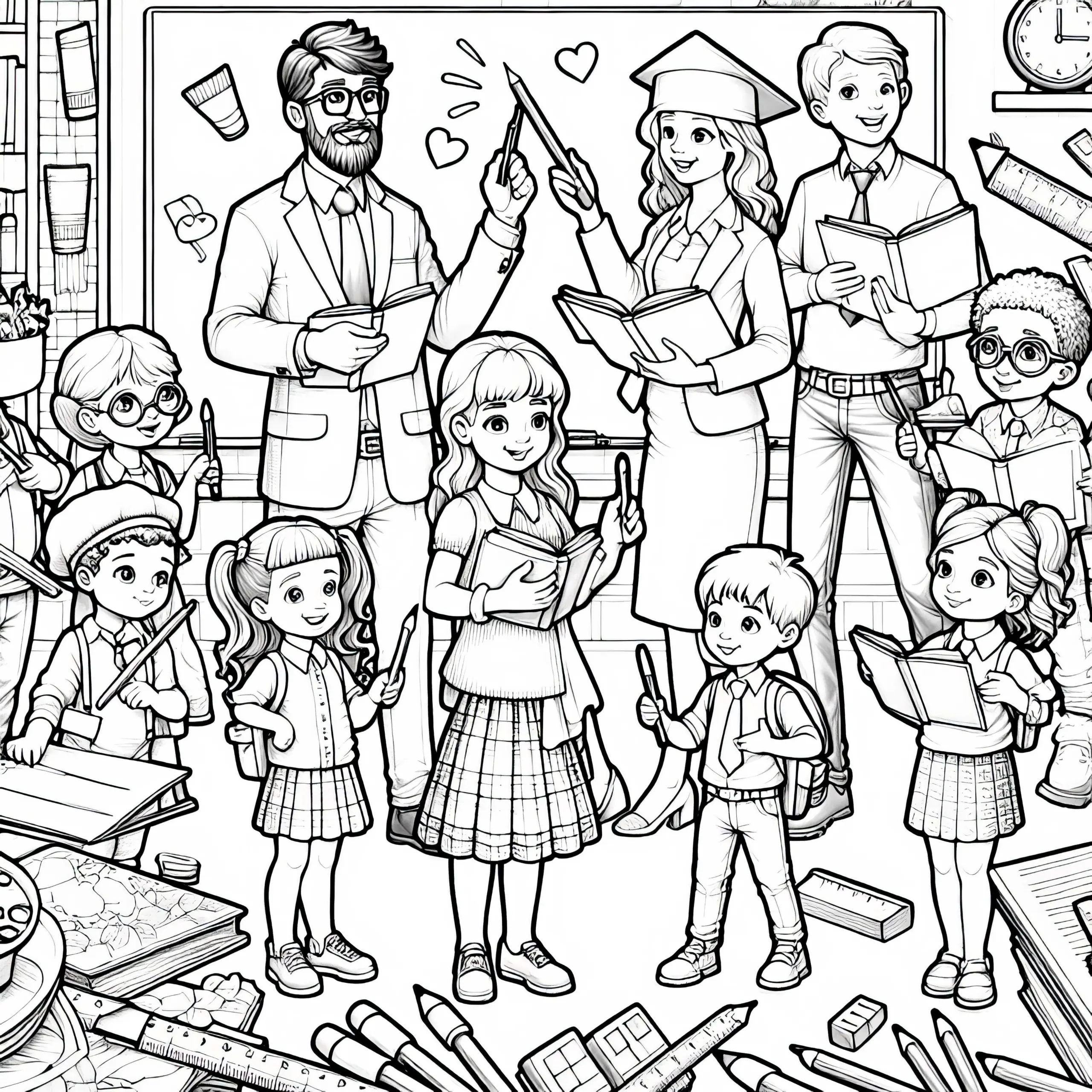 Kinder, die sich als Lehrer verkleiden – Malvorlage kostenlos herunterladen (Ausmalbild)