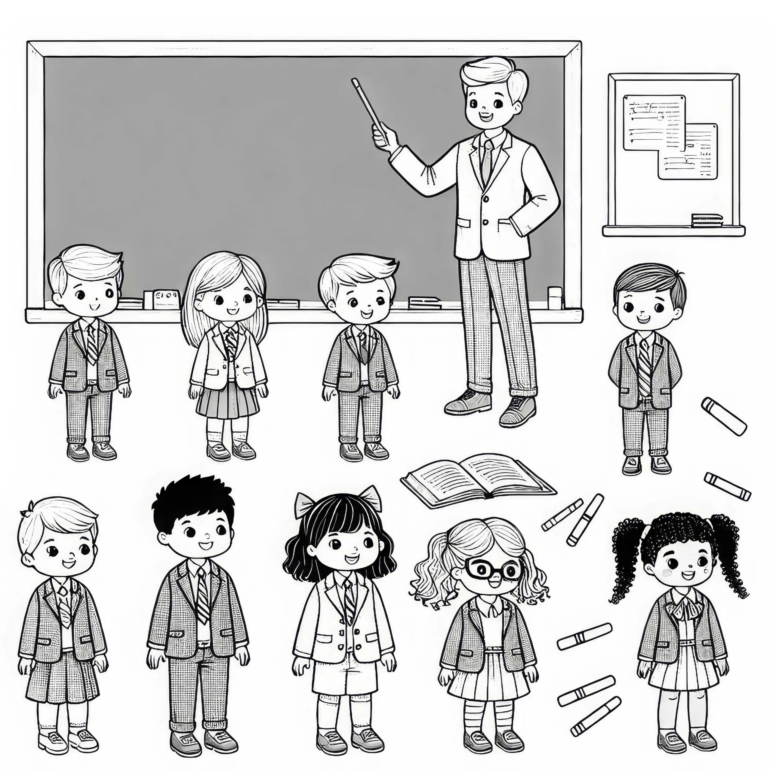 Kinder, die sich als Lehrer verkleiden – Malvorlage einfach und gratis (Ausmalbild)