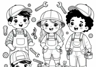 Kinder, die sich als Mechaniker verkleiden – Ausmalbild gratis