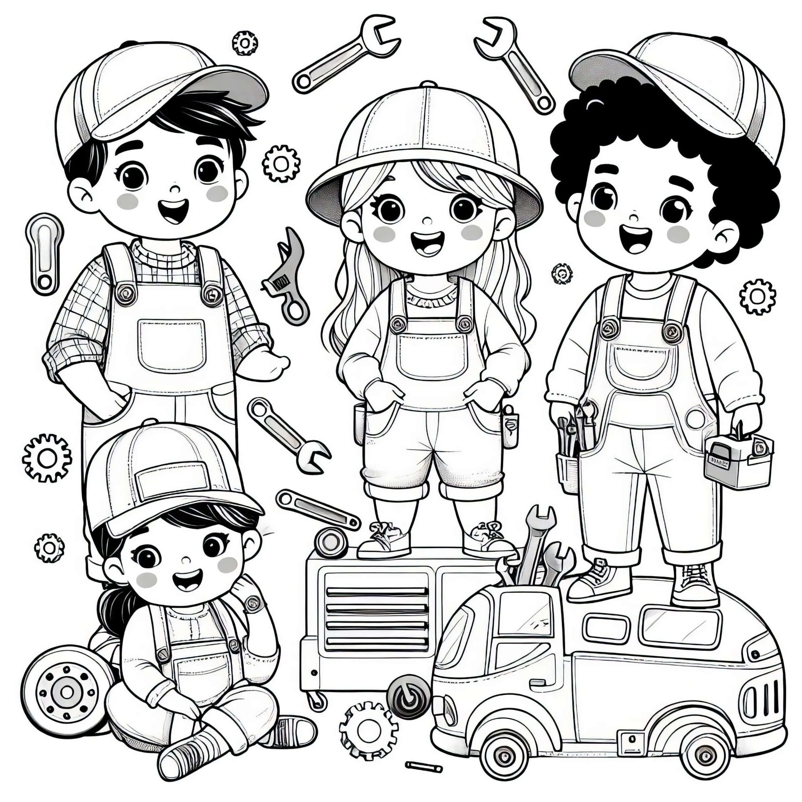 Kinder, die sich als Mechaniker verkleiden – Ausmalbild gratis
