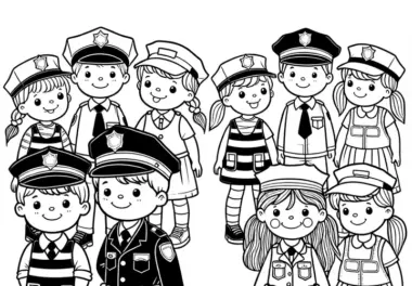 Kinder, die sich als Polizisten verkleiden – Malvorlage gratis